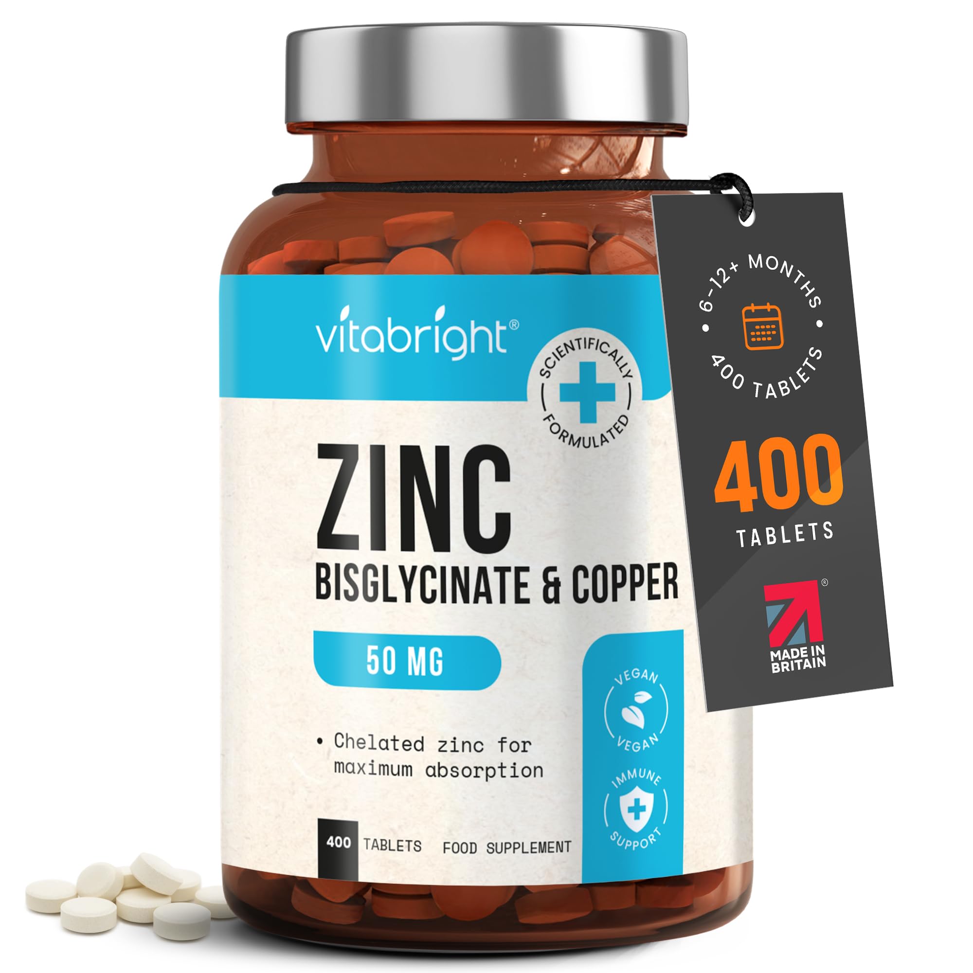 Zinc Supplements with Copper for Men & Women | 50mg Daily | 400 Tablets | 6+ Months | Contributes to Maintenance of Normal Testosterone Levels, Fertility and Reproduction & Metabolism | VitaBright