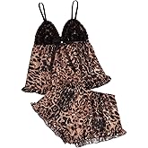 SHENHE Women's Mesh Pajama Set Ruffle Trim Cami and Shorts Sexy Sleepwear Leopard Pj Set