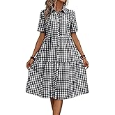 CHOUYATOU Women's Plaid Short Sleeve Button Down Shirt Dress Retro Gingham Button Up Tunic Midi Long Dress
