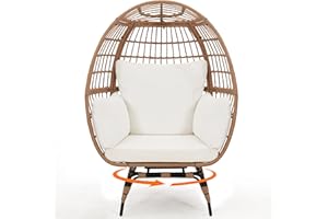 Murago Oversized 360 Swivel Rattan Egg Chair for Adult, Indoor Outdoor Patio Large Wicker Egg Chair with Overstuffed Cushions, 440lb Weight Capacity, Natural Rattan with Beige Cushion