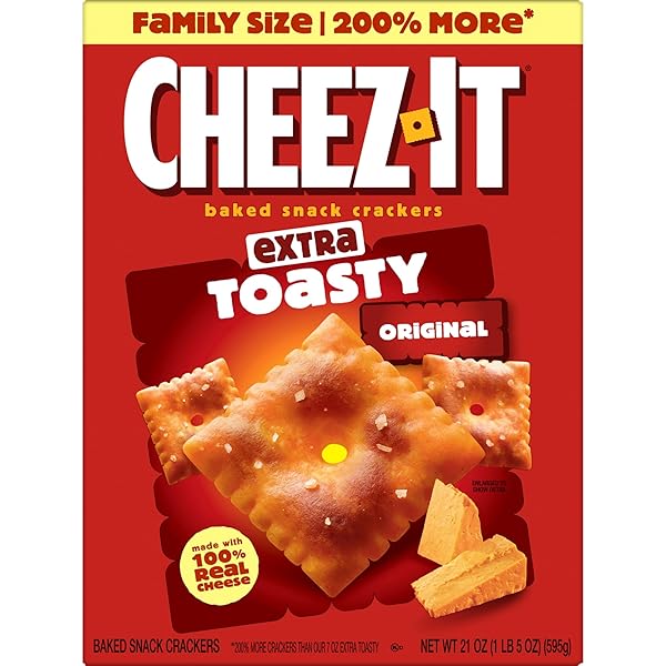 CHEEZ-IT CHEESE CRACKERS, BAKED SNACK CRACKERS, LUNCH SNACKS, FAMILY SIZE, EXTRA TOASTY, 21OZ BOX (1 BOX)