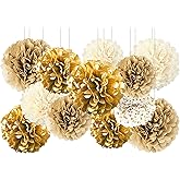 Gold White Party Decorations,12Pcs Hanging Tissue Paper Pom Poms,Pompoms Flowers for Engagement,Wedding,Birthday,Bachelorette,Bridal Shower Party Deco