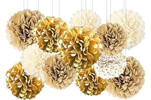 SIPRKAICT Gold White Party Decorations,12Pcs Hanging Tissue Paper Pom Poms,Pompoms Flowers for Engagement,Wedding,Birthday,Bachelorette,Bridal Shower Party Deco