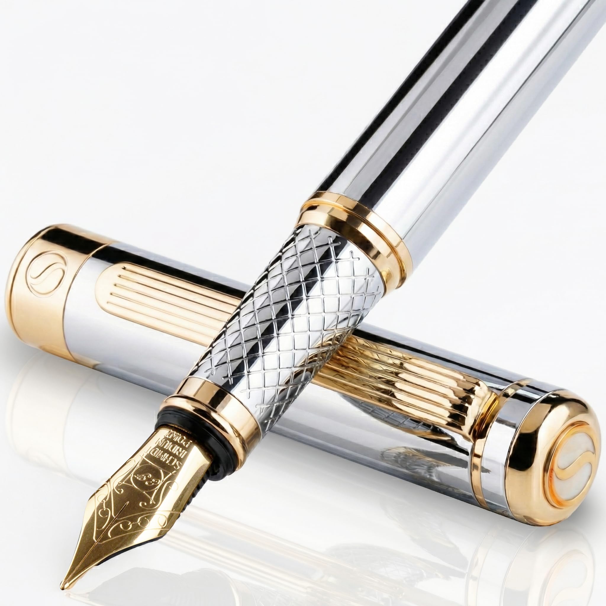 Scriveiner Silver Chrome Fountain Pen - Stunning Luxury Pen, Real Gold Plating, Schmidt Gilded Nib (Extra Fine), Best Gift Set for Men & Women Professional Executive Office Nice Design — image 1