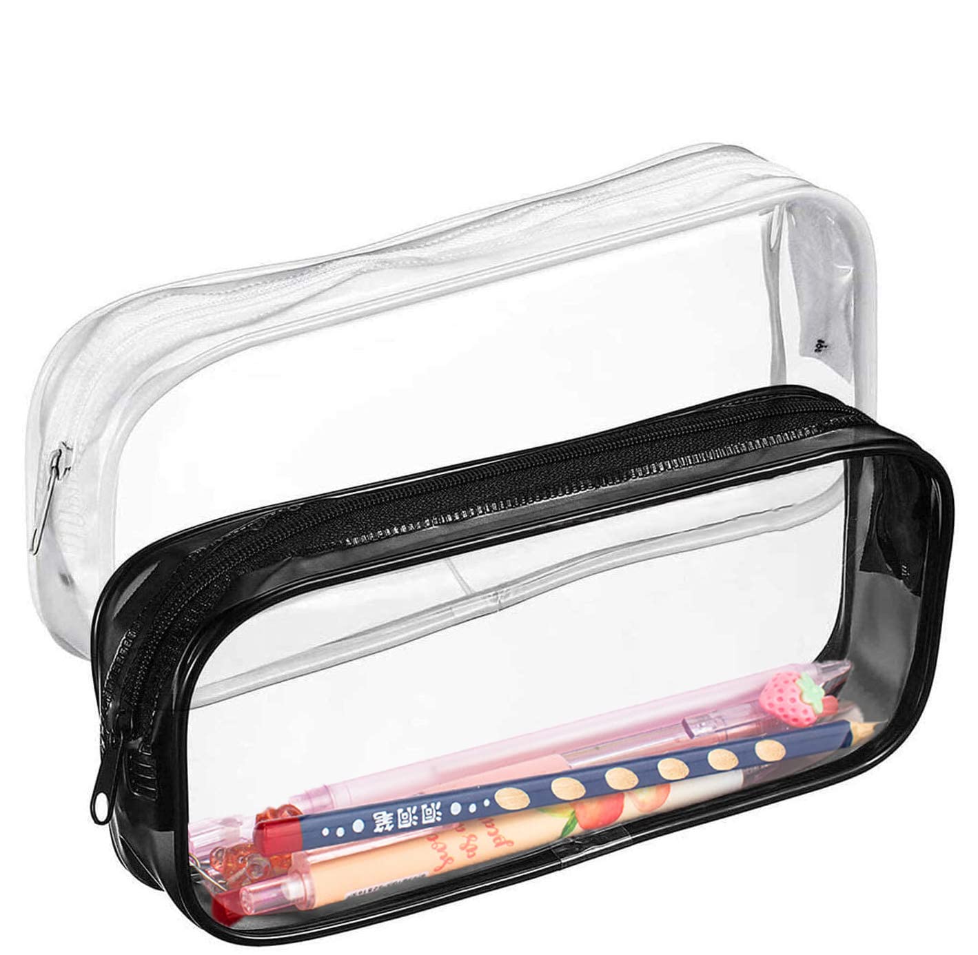 WANGCL 2 Pcs Clear Pencil Bags, PVC Transparent Pen Bag, Waterproof Zipper Pouches for Students Exam/Office Stationery/Travel Toiletries (Black + White)