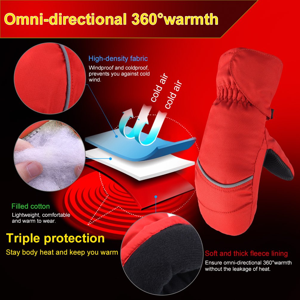 VBIGER Kids Gloves Windproof Winter Ski Mittens,Aged 2-7 (L(6-8 yrs), Red)