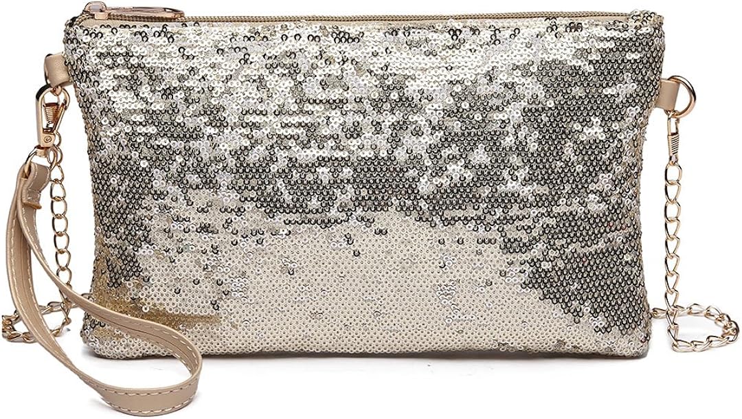 Miss Lulu Mini Crossbody Bag for Women Clutch Chain Shoulder Bag Evening Party Shining Sequins Light Gold
