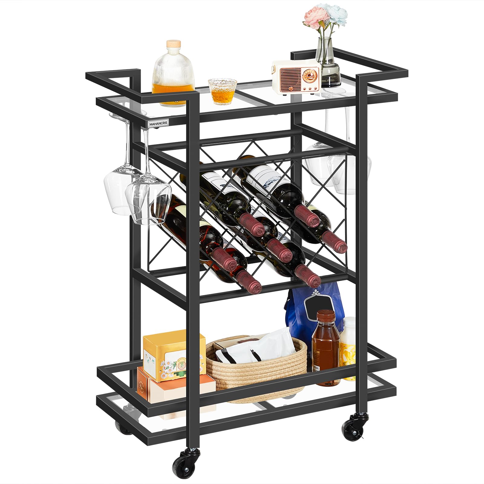 Mua Glass Bar Cart, Home Bar Serving Cart, 3 Tier Drink Cart with 7