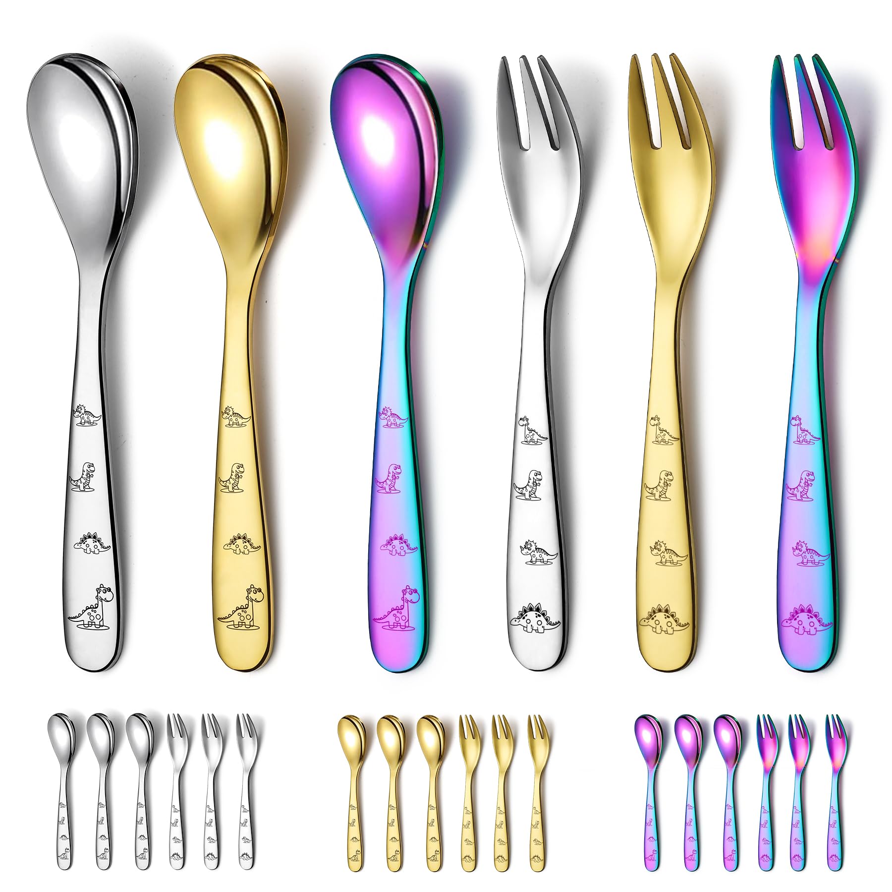 Evanda Toddler Cutlery Set 6 Pcs, 3 Colors Stainless Steel Kids Childrens Cutlery Set, Include Forks and Spoons, Smooth Edge, Dishwasher Safe — image 1