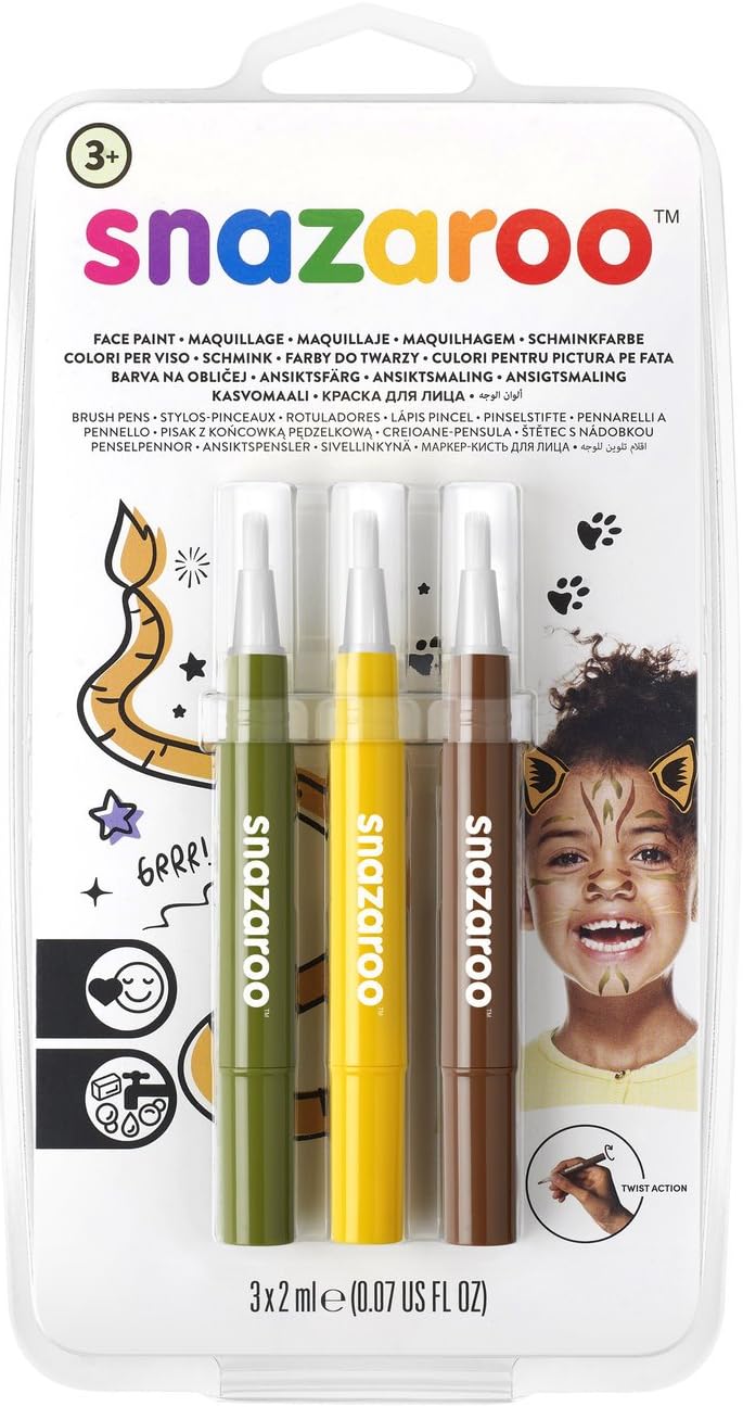 Snazaroo Face Paint Brush Pen, Jungle, Pack of 3, Safe and Non-Toxic, Precision Brush Nib, for Ages 3+, Yellow, Brown, Green