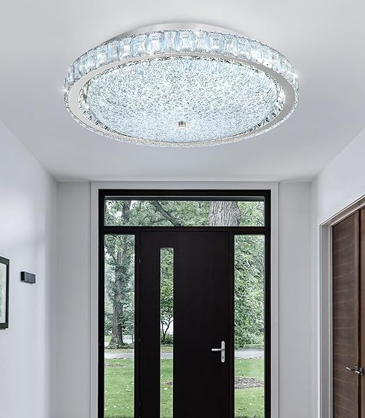 AFQEJG 19.6″ MODERN CRYSTAL CHANDELIER DIMMABLE LED FLUSH MOUNT CEILING LIGHT WITH REMOTE CONTROL FOR LIVING ROOM DINING ROOM BEDROOM HALLWAY FOYER SILVER
