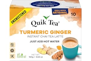 QUIK TEA QuikTea Turmeric Ginger Unsweetened Chai Tea Latte – 10 Count, Bold Turmeric Ginger Flavor, no preservatives, No Sugar Added – Just Add Hot Water