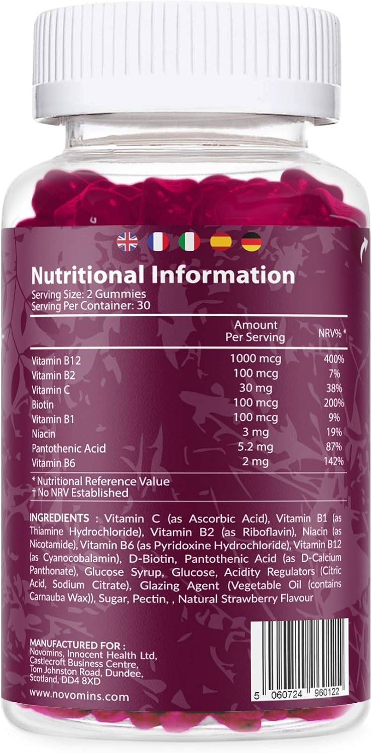 Vitamin B12 Gummies, 1000 mcg High Strength B12 Gummies, Enriched with Vitamin C, B1, B2, B6, & Biotin, 1 Month Supply - Image 3
