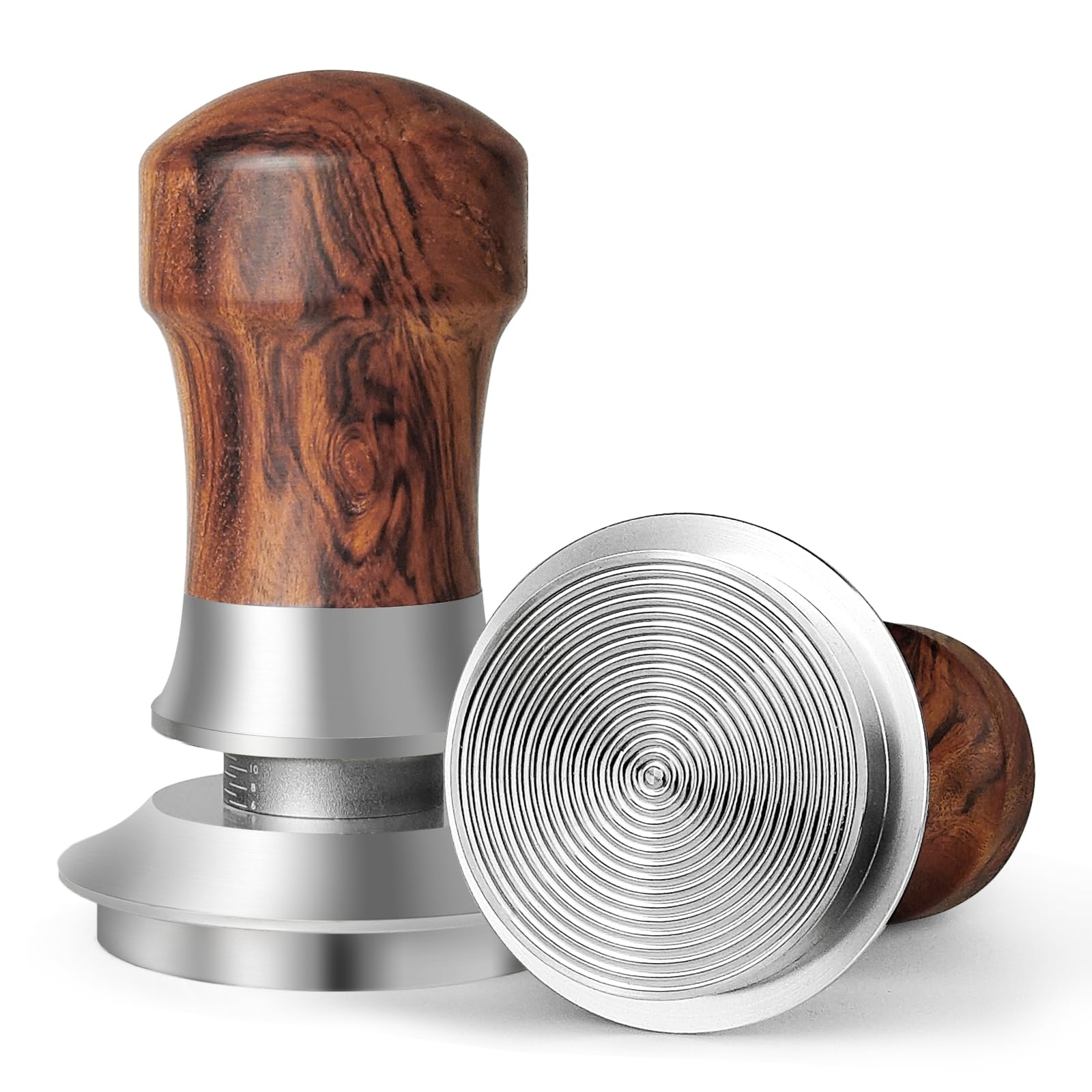 HOLIHOKY Coffee Tamper 51mm, Spring Loaded 51mm Tamper, Self Leveling Espresso Tamper with 304 Stainless Steel Threaded Base, Wood Handle, Silver