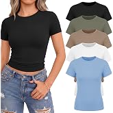 NexiEpoch 5 Pack T Shirts for Women Short Sleeve Crop Tops Fitted Basic Tee | Crew Neck Tshirt Plain Tight Clothes Cute Y2K Fashion Trendy Summer Outfit Comfort Casual Workout Compression Going Out Solid