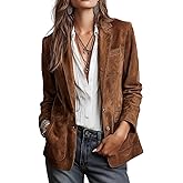 Brown Suede Jacket Women Vintage Faux Suede Blazer Jacket Notched Collar Open Front Suits Coat Work Dressy Fall Coat