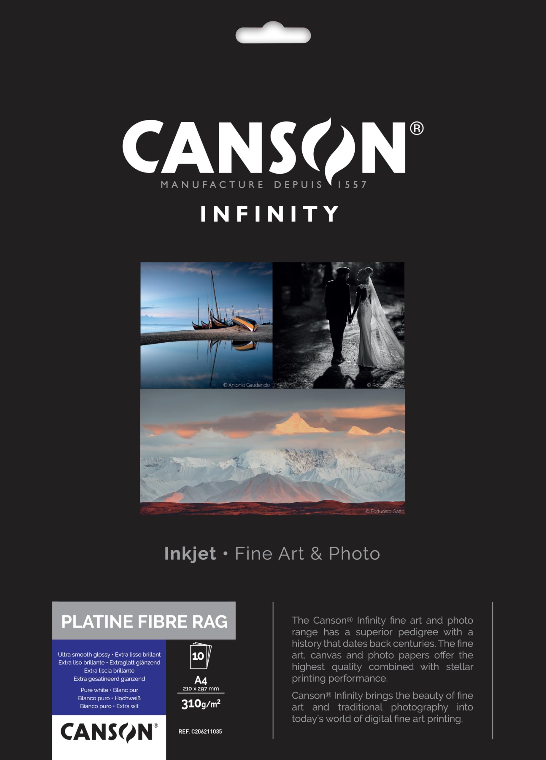 CANSON Infinity Platine Fibre Rag Ultra Smooth Glossy 310gsm A4 Paper, Digital Darkroom Papers, 10 Pure White Sheets, Ideal for Professional Photographers