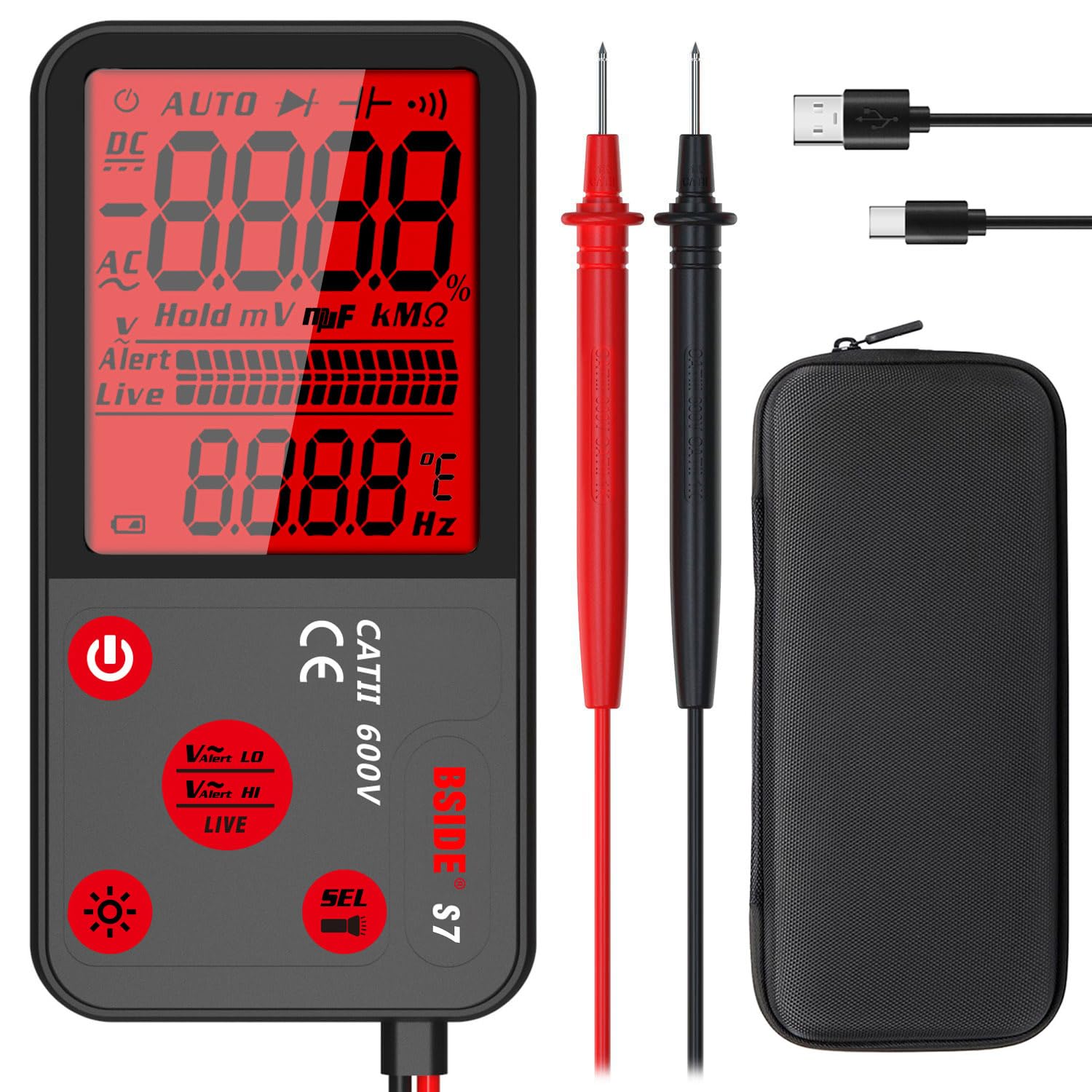 BSIDE Rechargeable Smart Digital Multimeter Electrical Voltage Tester with Large Backlight LCD Ohmmeter Ultra Slim NCV Live Wire Circuit Checker Handheld Multi Tester with Carrying Case