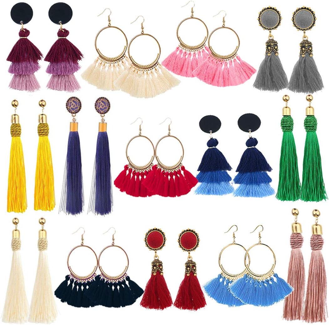 14 Pairs Hoop Tassel Earrings For Women Girls Long Fringe Drop Bohemian Earrings Dangle Layered Tiered Druzy Big Red Grey White Hook Stud Light weight Statement Earrings Set Jewelry Gifts for Her