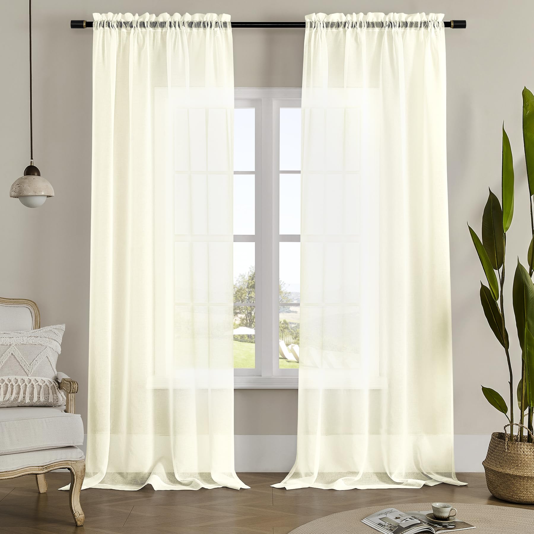 MYSTIC-HOME Sheer Curtains 95 Inches Long, Window Treatments Rod Pocket Drapes Bedroom, Semi Crinkle Voile Curtain Panels for Yard, Villa, Parlor, Set of 2, Beige, 52" Wx95 L