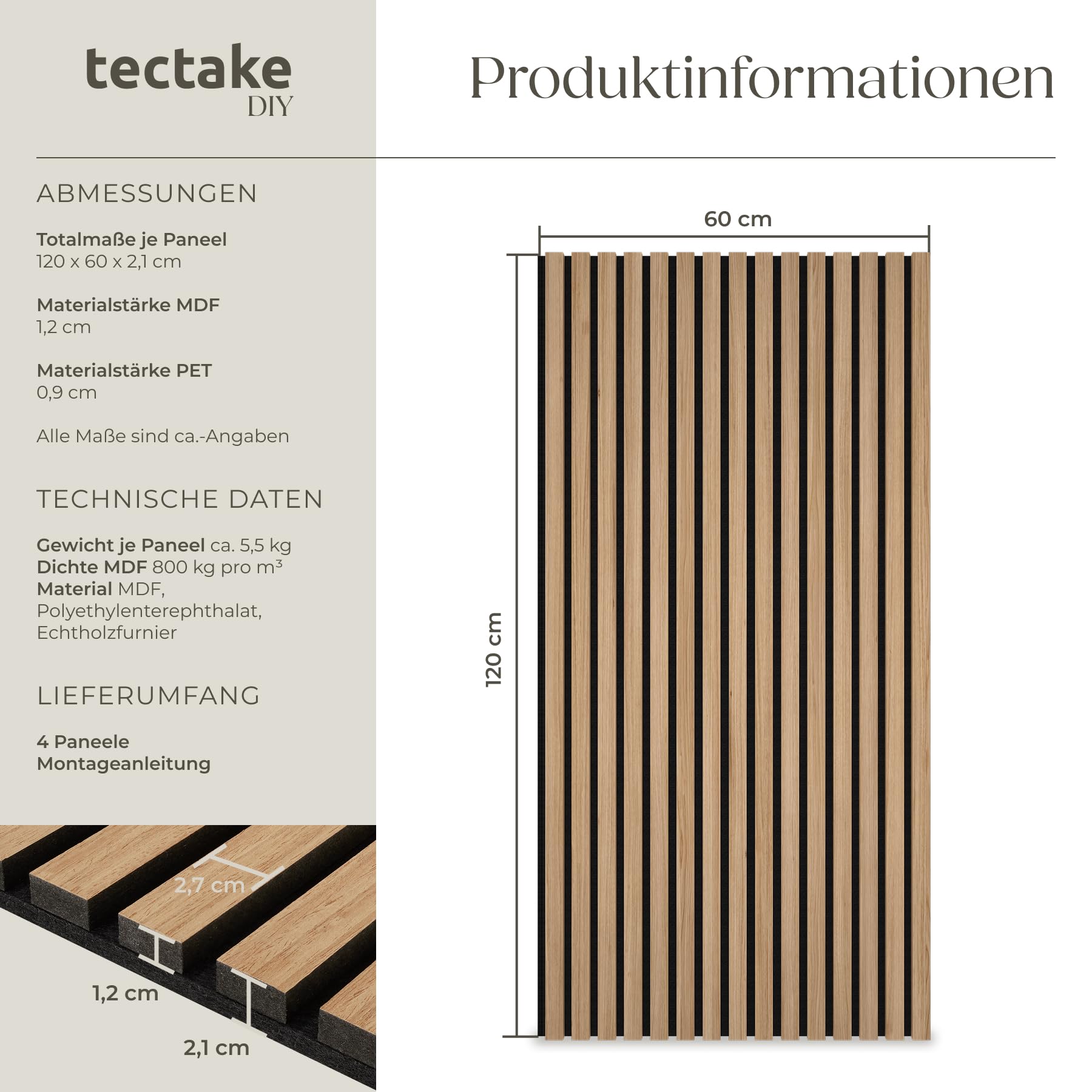 tectake® 3D Akustikpaneele 120 x 60 x 2,1 cm, Holz Optik Paneele, Wandpaneele in Holzoptik als Schallabsorber, Panels für Wohnzimmer, Küche, Wandverkleidung, Schallschutz - Eiche, 4er Set 6