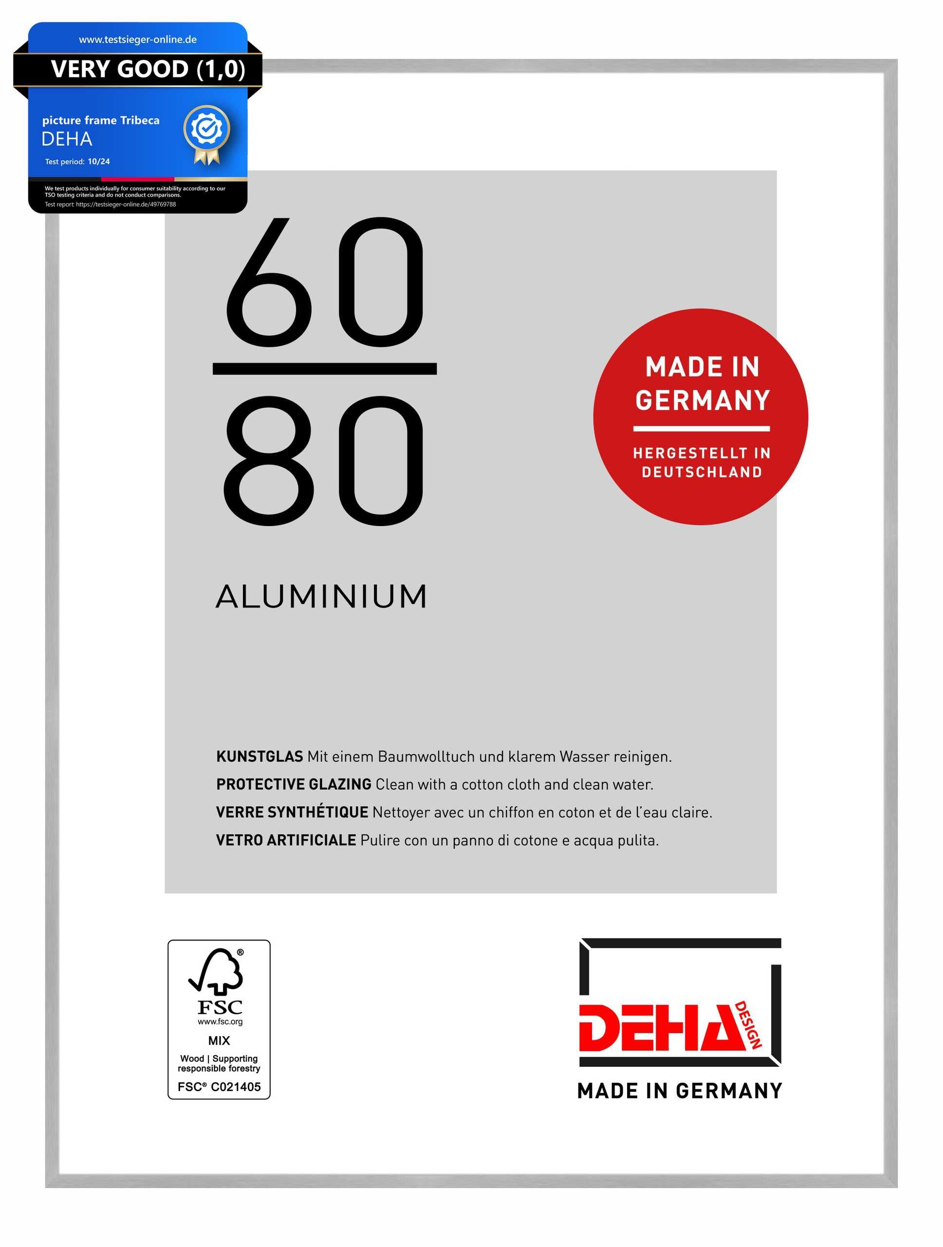 DEHA Design Tribeca Aluminium Picture Frame - 60x80 cm – Brushed Silver - with Synthetic Glass and Push/Turn Clips