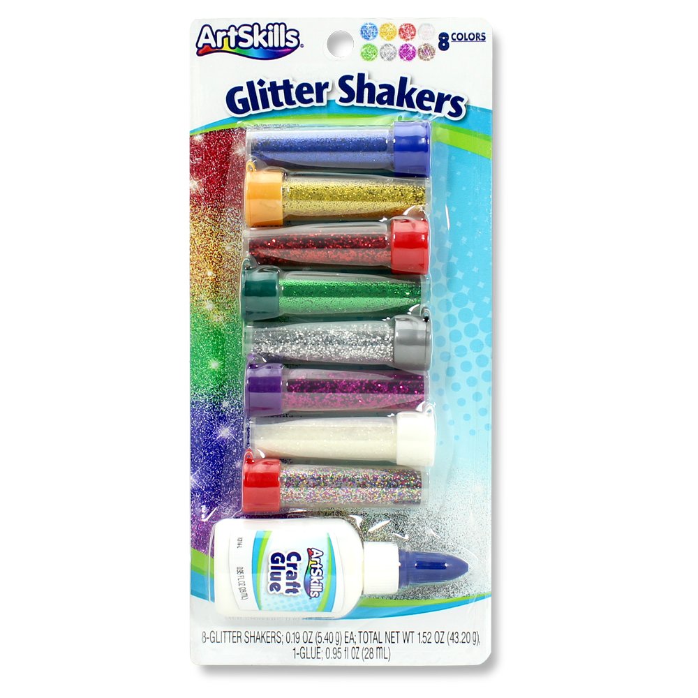 ArtSkills Ultra-Fine and Bright Glitter Shakers and Craft Glue, Arts and Crafts Supplies, Classic Colors, 9 Pieces