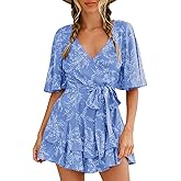 Relipop Women’s Summer Romper Floral V Neck Short Sleeve Waist Tie Ruffle Hem Vacation Outfits 2026 Casual One Piece Jumpsuit