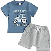 WZTYYDS Toddler Baby Boy Summer Clothes Tractor Letter Print Short Sleeve T-shirt Tops Casual Shorts 2 Piece Outfit