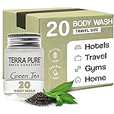 Terra Pure Travel Size Hotel Body Wash 20 Count 1 oz Bottles Guest Amenities for Hotels Vacation Rentals and Short Term Rentals Paraben Free Green Tea Scent Infused with Aloe and Olive Oil