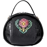 Vintage Genuine Leather Crossbody Bag for Women – Small Structured Top Handle Purse with Hand-Embossed Flower