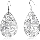 Teppdfann 14K Gold Plated Silver Teardrop Filigree Dangle Earrings Lightweight Ginkgo Leaf Drop Earrings for Thanksgiving Christmas Gift