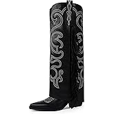 QIY Women's Knee High Cowboy Boots Cowgirl Fold Over Fringe Boots for Women Western Embroidery Pointy Toe Chunky Block High Heel with Half Zipper for Country Music Festivals Rodeo