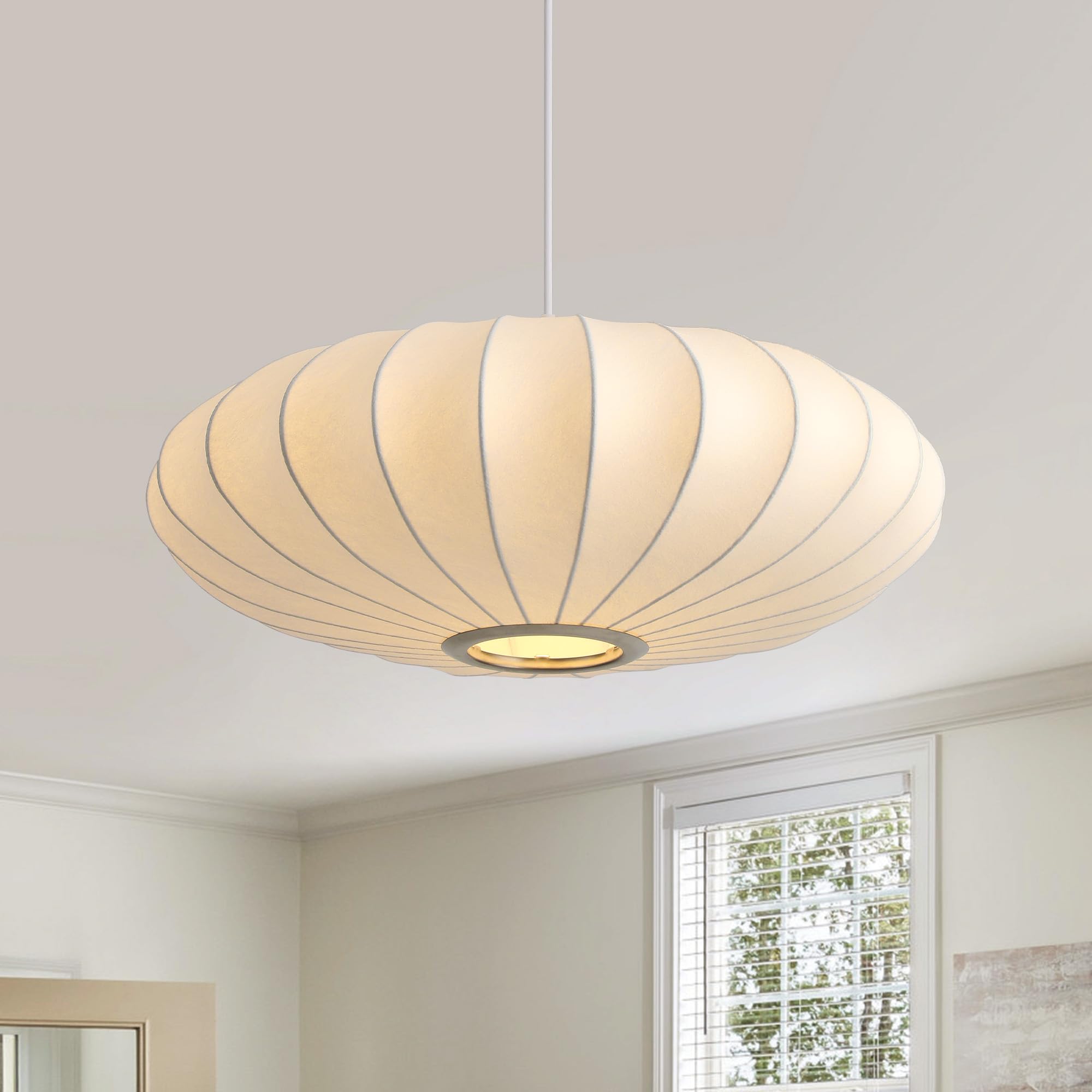Photo 1 of *USED*
Fivemengo 20 Inch Lantern Pendant Light, White Imitation Silk Lampshade, Bubble Pendant Light Fixture Ceiling Hanging Lamp Chandelier for Living Dinning Room Kitchen Island Bedroom Restaurant Cafe
