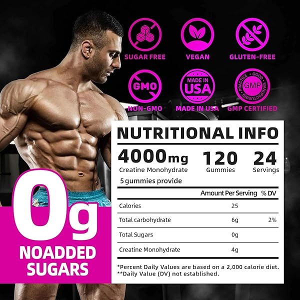 RAZUHU CREATINE MONOHYDRATE GUMMIES 4G PER SERVING, CREATINE GUMMIES FOR MEN & WOMEN, PRE WORKOUT, ENERGY, STRENGTH, MUSCLE SUPPORT, RECOVERY, SUGAR FREE, GLUTEN-FREE, VEGAN, NON-GMO, 120 COUNT