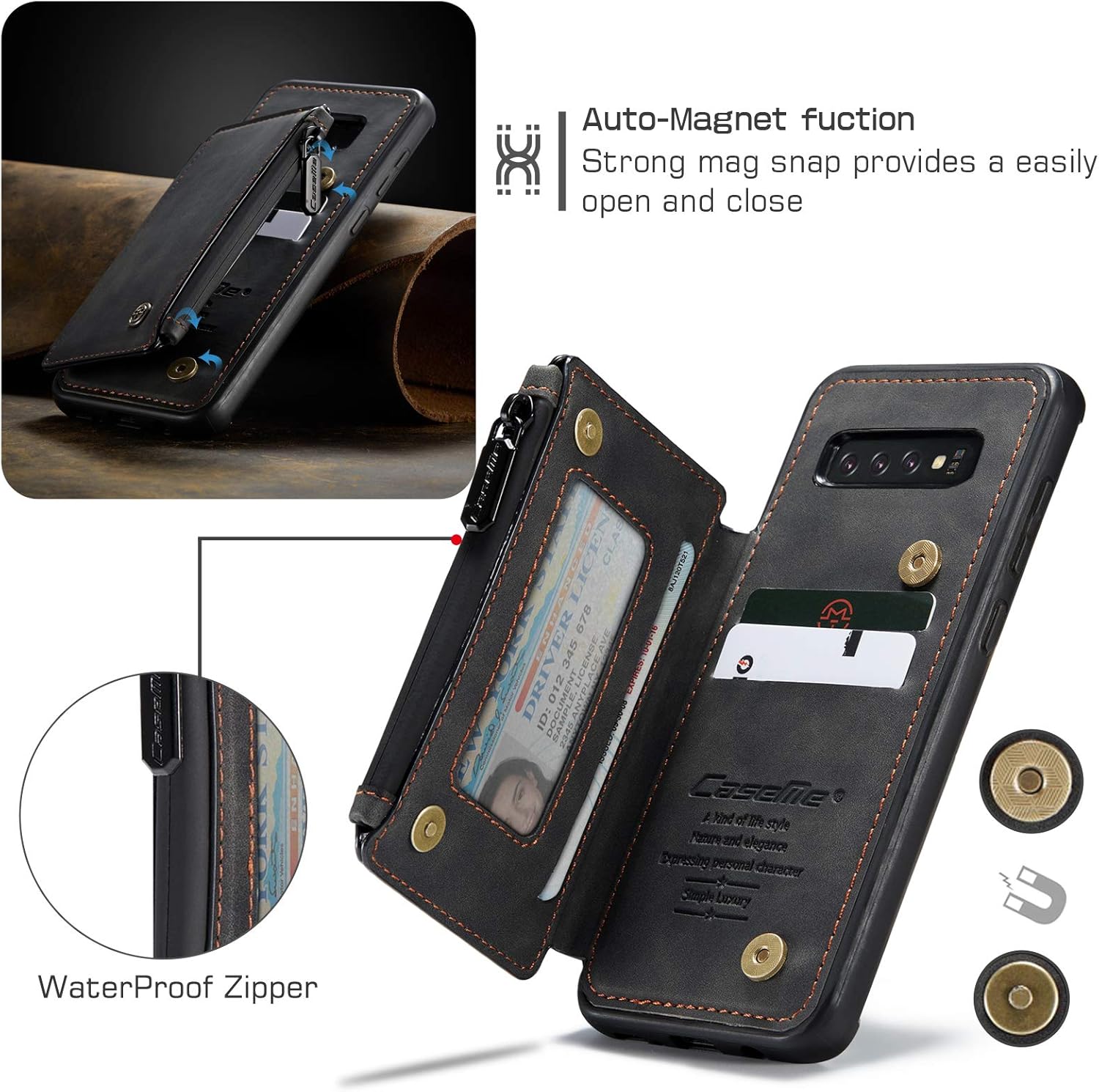 UFinetech 2-in-1 Samsung Galaxy S10e Case Wallet Leather TPU Flip Stand Magnetic Card Holder Waterproof Zipper RFID Blocking Designer Luxury Stylish 2020 Purse Holster Cover for Samsung Galaxy S10e - Image 4