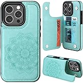 MMHUO for iPhone 16 Pro Case with Card Holder,Flower Magnetic Buttons Protective Wallet Case for Women for iPhone 16 Pro (6.3 Inch),Mint