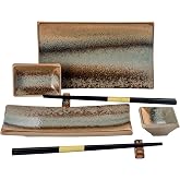 UNICASA Ceramic Sushi Plate Set for 2 people,Japanese Dinnerware Gift Set,8 Piece Sushi Serving Set, Include Sushi Plates, Sauce Dishes, Chopsticks &amp; Holders, Light Brown