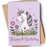 Happy 4th Birthday Card for Girl - Cool 4 Year Old Birthday Card for Daughter, Granddaughter, Niece - Cute Pastel Unicorn 4th Bday Cards for Kids - Age 4 Fun Unicorn Greeting Cards for Girls - NUM 301