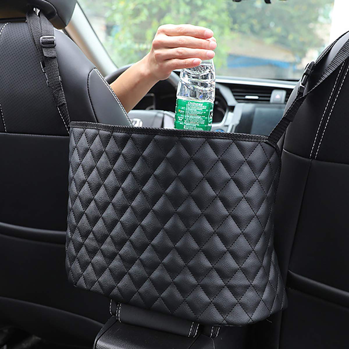 Photo 1 of ANLEM Car Purse Holder - Durable Leather Seat Back Organizer, Front Seat Storage Barrier, Pet & Kids Driver Storage Netting Pouch