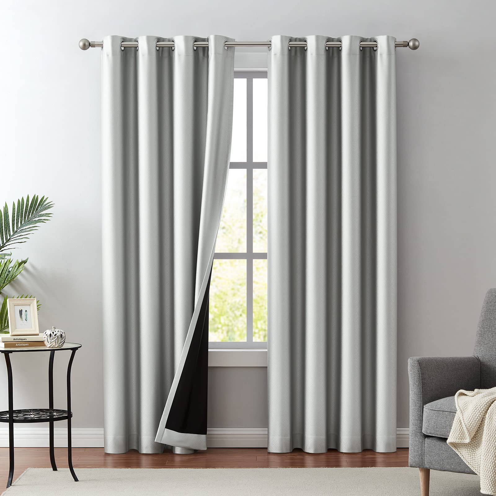Melodieux Silver Grey Blackout Curtains 84 Inches Long for Bedroom, Thermal Insulated Energy Saving Grommet Embossed Satin Drapes with Black Lining, 52 by 84 Inch, 2 Panels