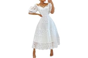 PZLDEYTAY Womens Casual Summer Floral Lace Long Dress Short Sleeve Elegant Bohemian Dress Fashion Flowy Maxi Dress