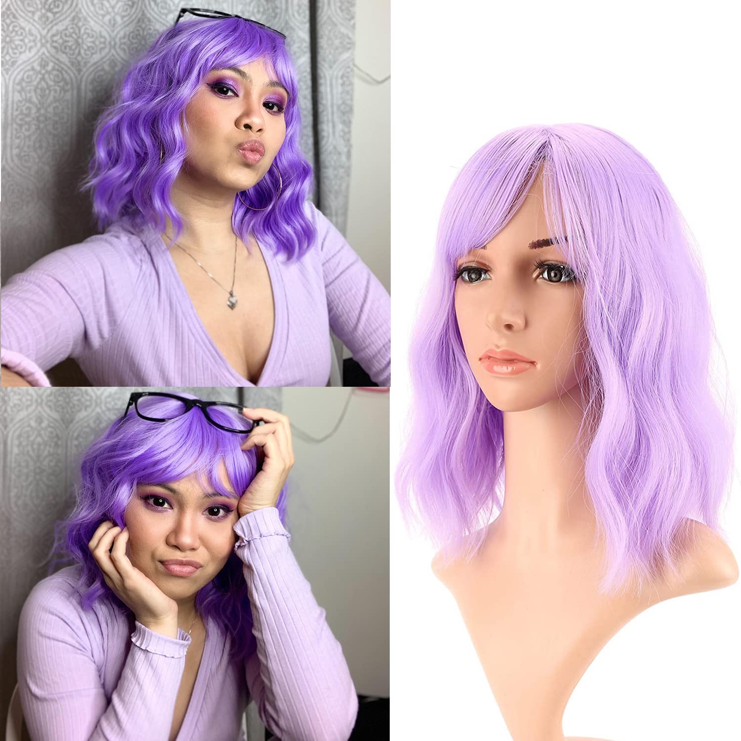 VCKOVCKO Natural Wavy Wig - Short Bob with Air Fringe, Shoulder Length, Curly Wavy Synthetic Pastel Bob Wig for Girls (12 Inches, Purple)