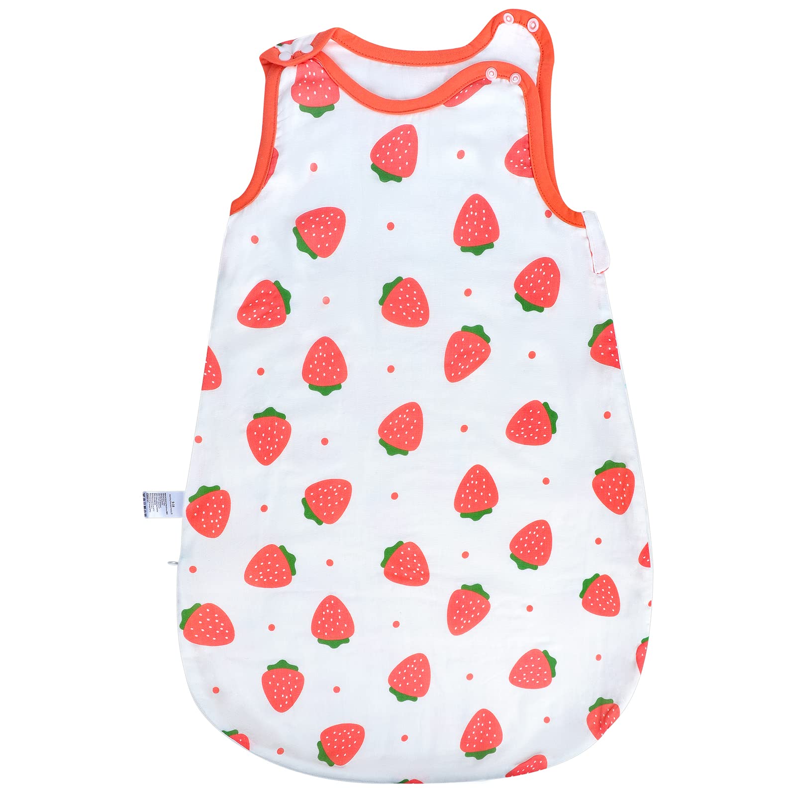 FLYISH DIRECT 0.5 Tog Sleeping Bag, Muslin Cotton Sleeping Bag, Baby Bag 0.5 tog, Baby Sleep Sack with Shoulder Snaps, 86cm, Strawberry, L
