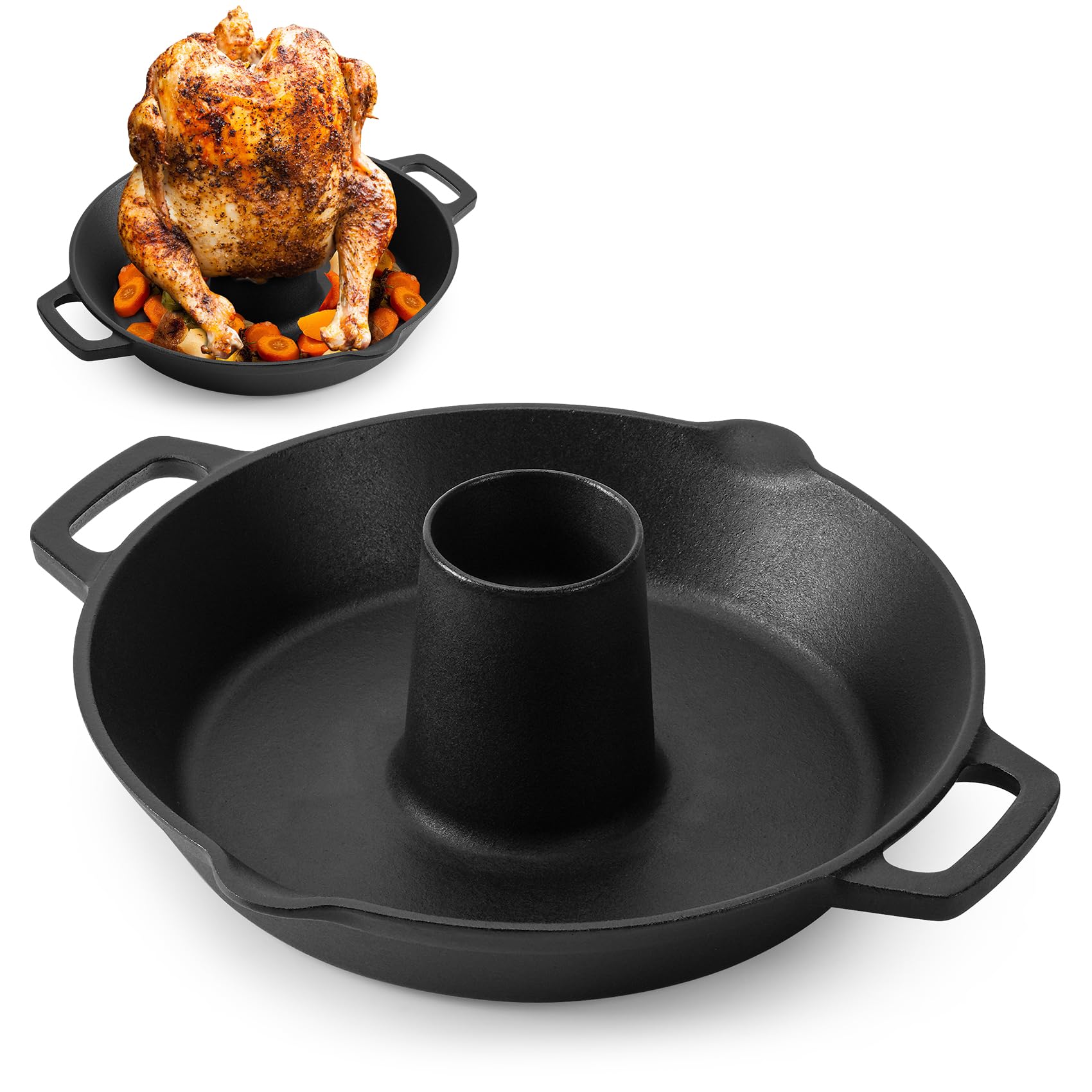 Photo 1 of Onlyfire Universal Cast Iron Chicken Roaster, Pre-Seasoned Poultry Roaster Beer Can Turkey Holder with Roasting Pan for Most Grills and Oven