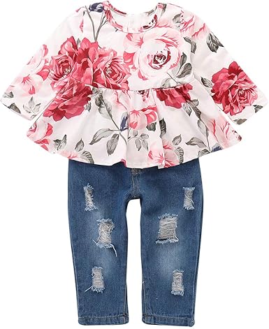 Borlai 2pcs Toddler Girls Long Sleeve Floral Shirt Tops Ripped Jeans Clothes Set Amazon Co Uk Clothing