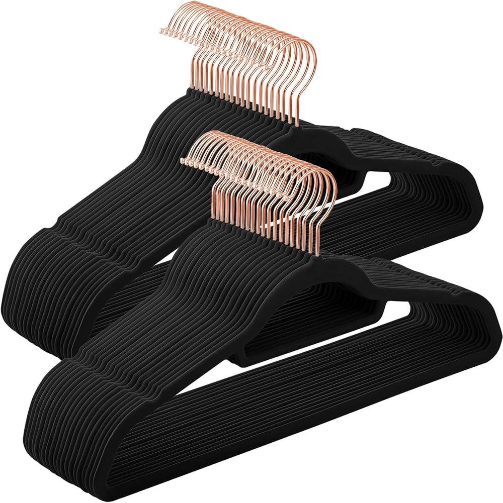 SONGMICS Velvet Hangers Set of 50; 0.6 cm Thick, 43.5 cm Long, Rose Gold/Black