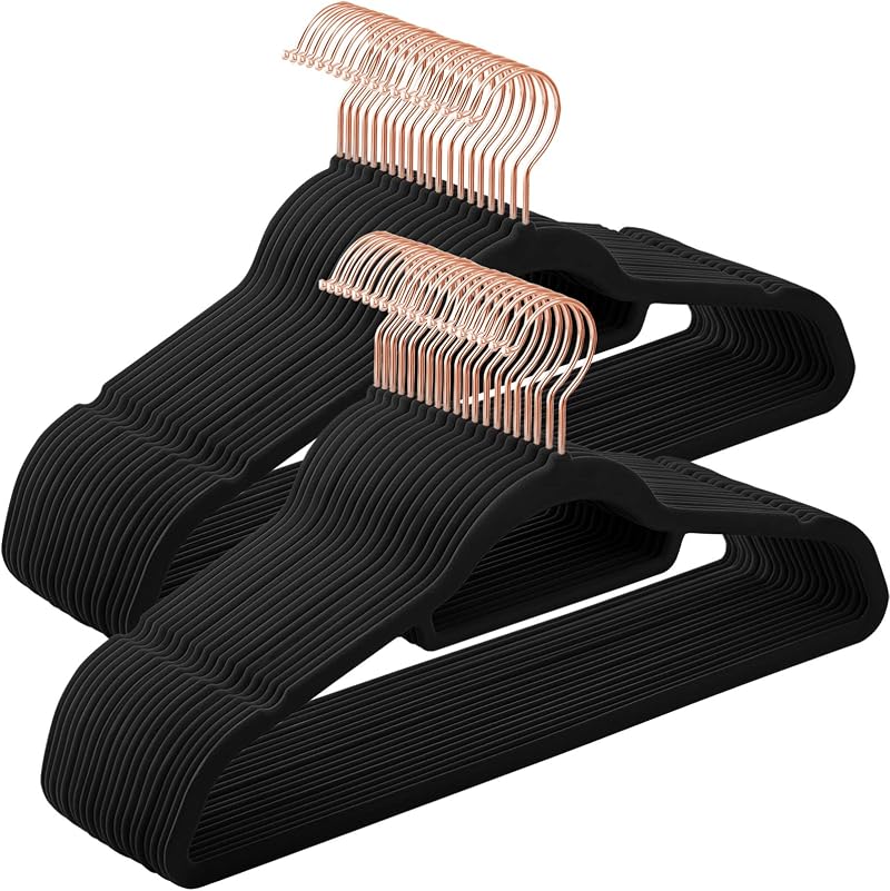 SONGMICS Velvet Hangers Set of 50; 0.6 cm Thick, 43.5 cm Long, Rose Gold/Black
