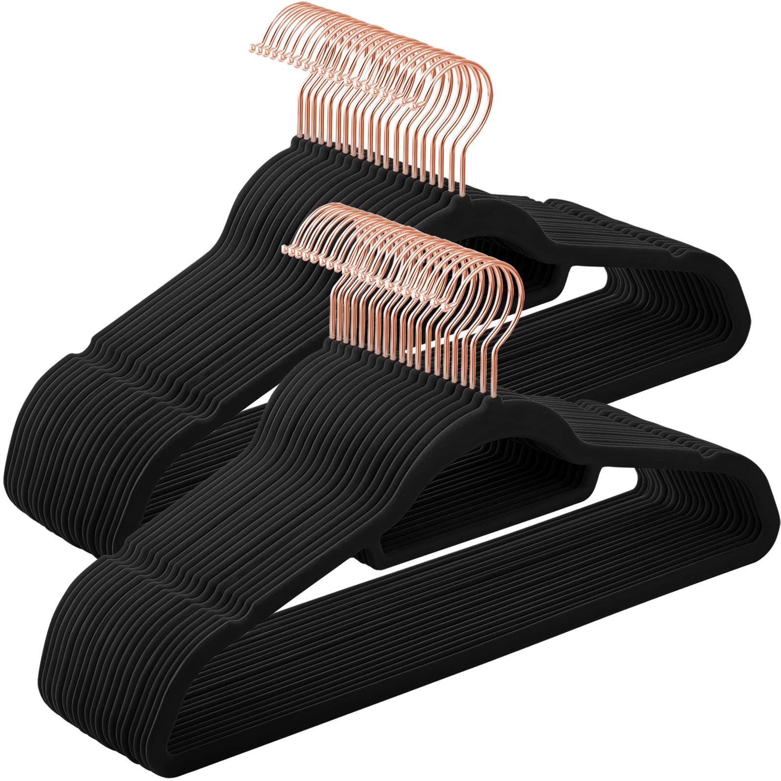 SONGMICS Velvet Hangers, Set of 50 Coat Hangers for Clothes, Non-Slip, with Tie Bar and 360° Swivel Hook, Space-Saving, 0.6 cm Thick, 43.5 cm Long, for Trousers, Rose Gold and Black CRF21BK50 — image 1