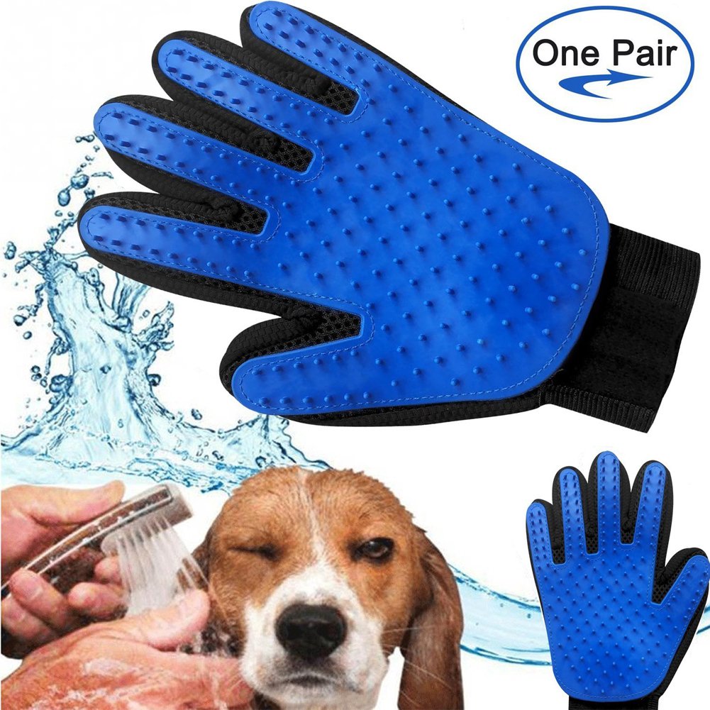 Pet Grooming Glove and Deshedding Glove Brush Best for Dogs & Cats Long & Short Fur Massage Tool with Enhanced Five Finger Design (1 Pair Blue)